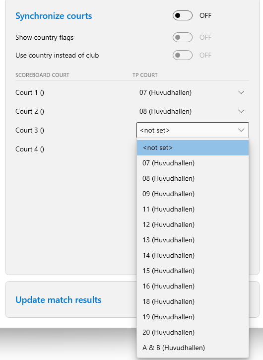 Image of the court list with the drop-down for mapping Scoreboard courts to Tournament Planner courts