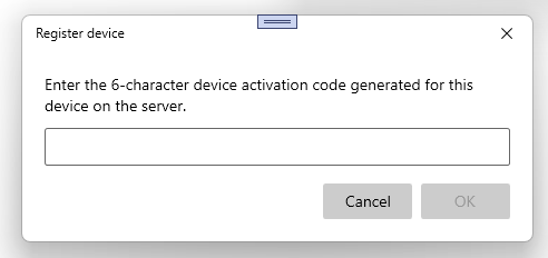 Image of the dialog for entering the device activation code