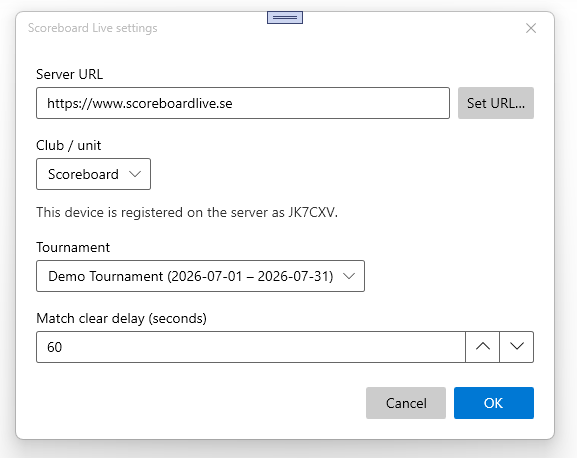 Image of the settings dialog with a registered device and a selected tournament