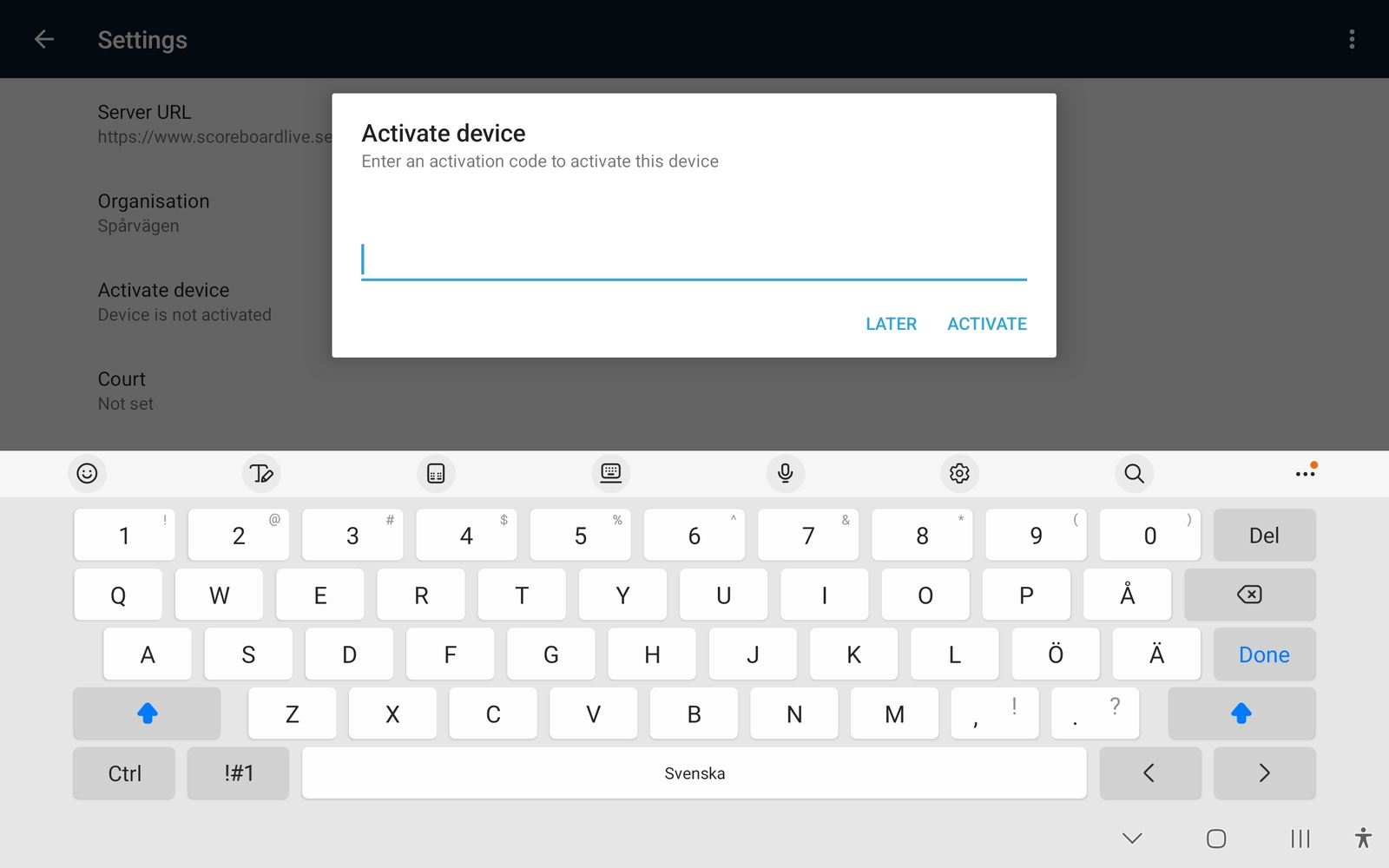 Image of the dialog for entering the activation code