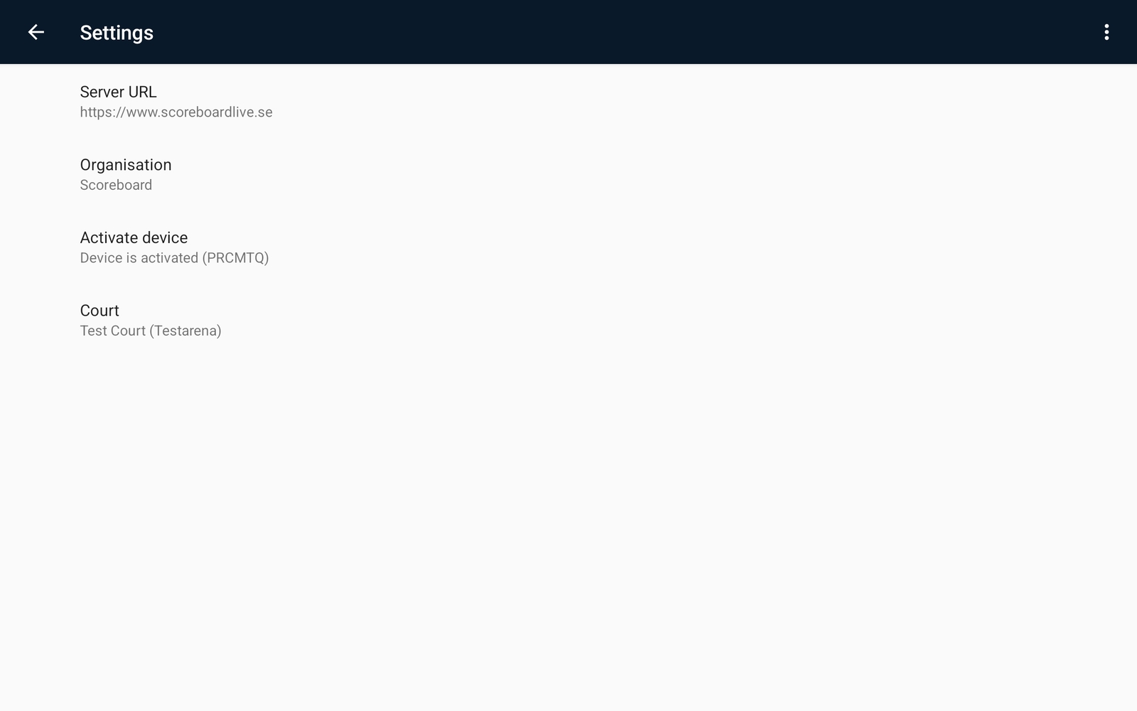 Image of the settings screen when the device is activated
