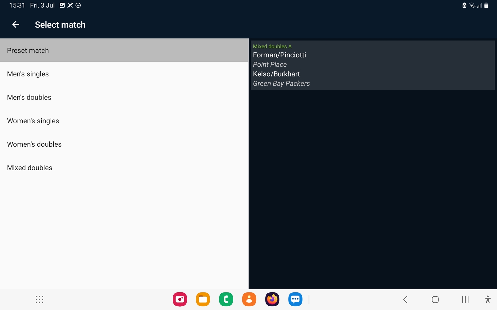 Image of the select match view with the preset match selected