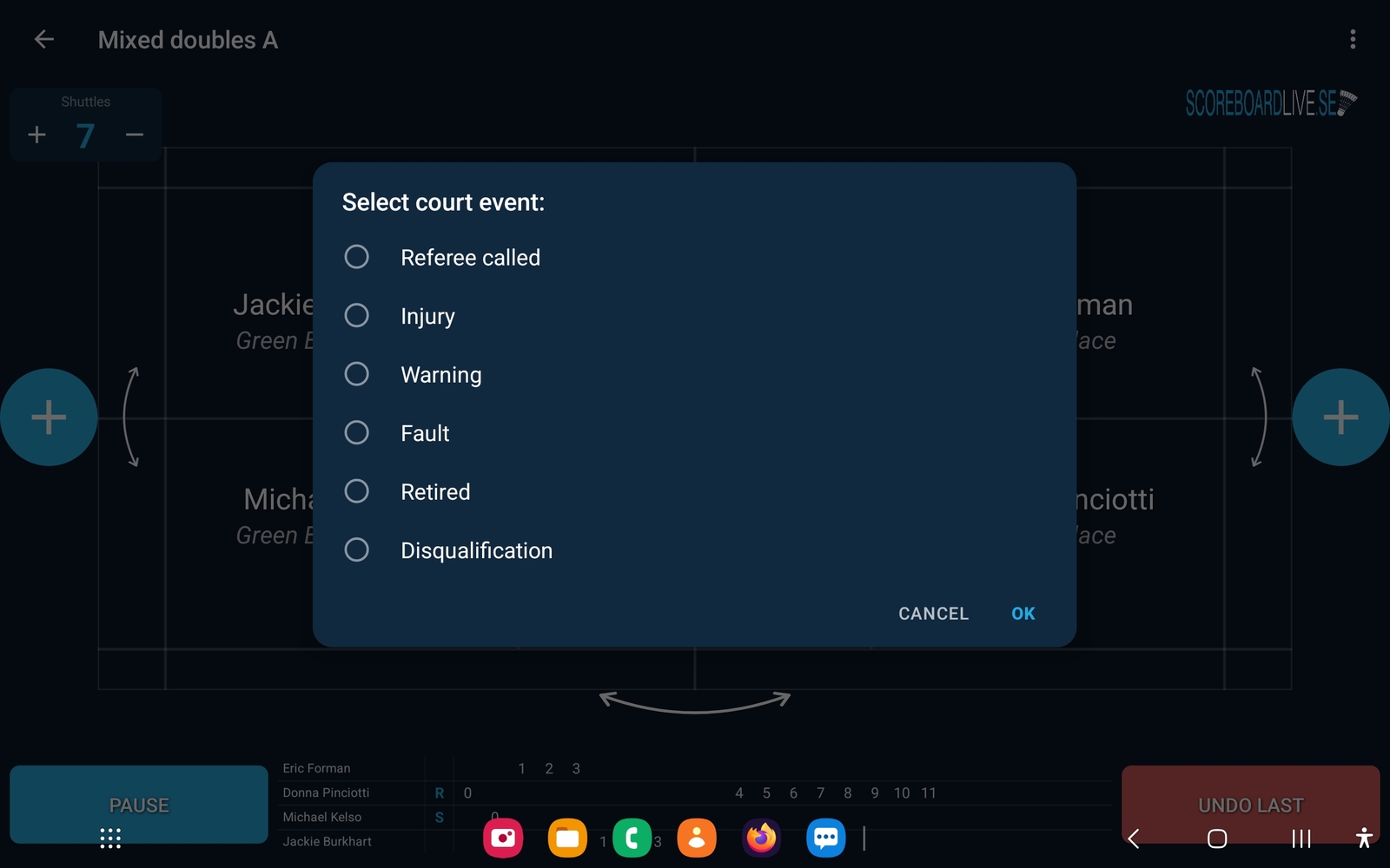 Image of the court event dialog